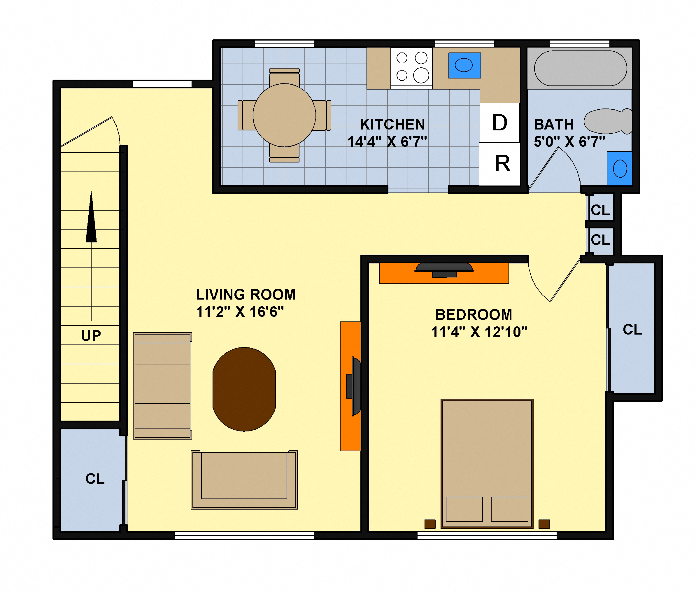 Floor plan for 1 bed, 1 bath, 522 sqft